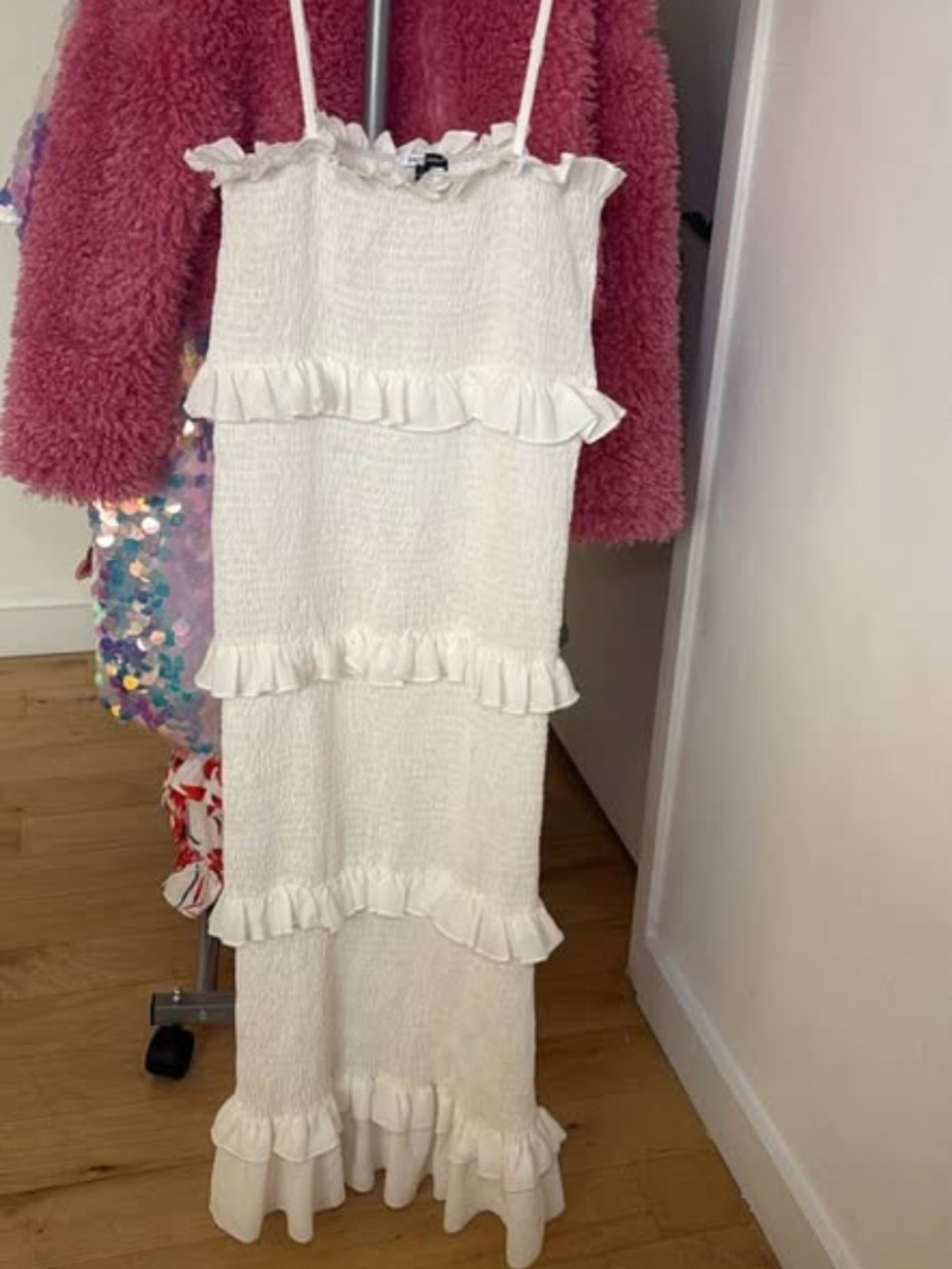 White Ruffle Strappy Midi Dress